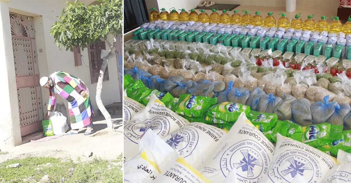 Distribution de colis alimentaire aux voisins de la zawiya, durant le mois de ramadan.